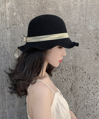 Elegant Black Ruffled Bow Straw Woven Floppy Sun Hat LY505 - fabuloryshop