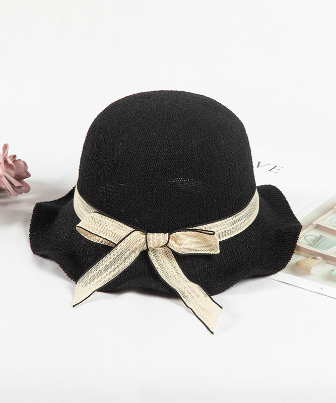 Elegant Black Ruffled Bow Straw Woven Floppy Sun Hat LY505 - fabuloryshop