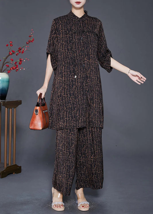 Elegant Black Ruffled Print Tasseled Chiffon Two Pieces Set Fall Ada Fashion