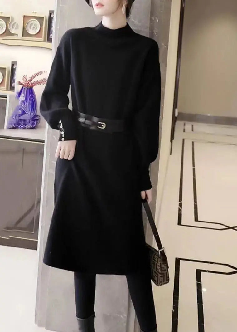 Elegant Black Stand Collar Tie Waist Patchwork Knit Sweater Dress Fall Ada Fashion