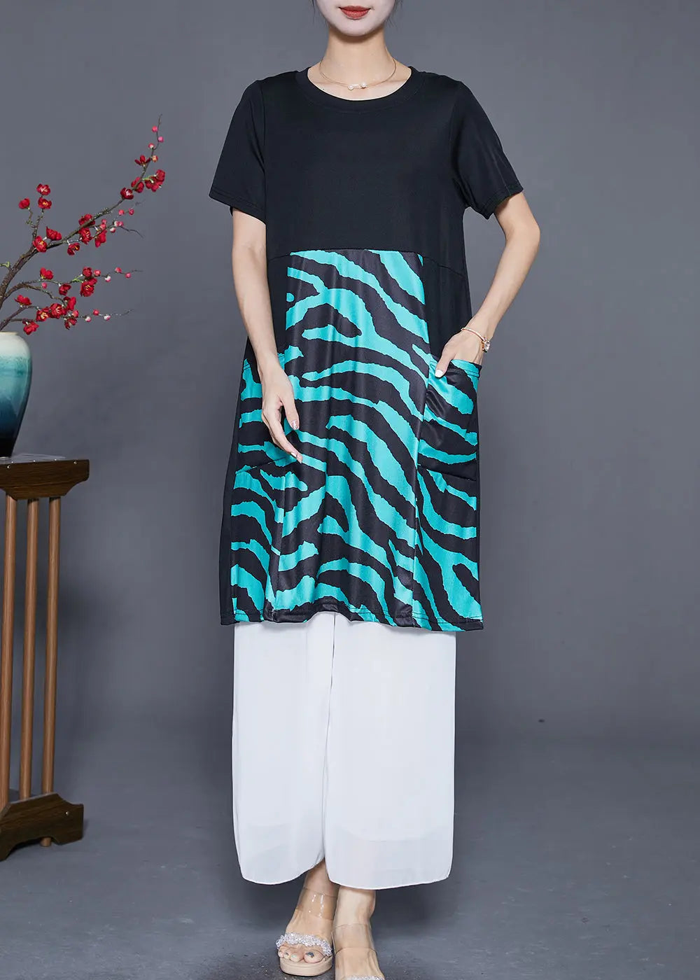 Elegant Black Striped Patchwork Pockets Cotton Maxi Dresses Summer Ada Fashion