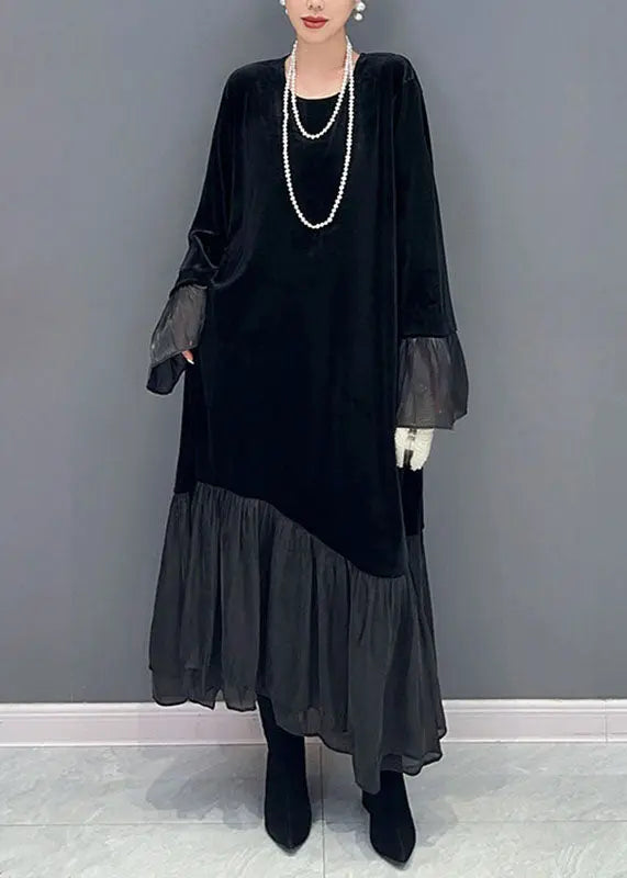 Elegant Black Tulle Patchwork Silk Velour Maxi Dress Fall Ada Fashion