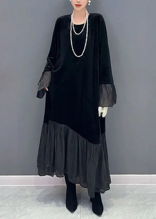 Elegant Black Tulle Patchwork Silk Velour Maxi Dress Fall Ada Fashion