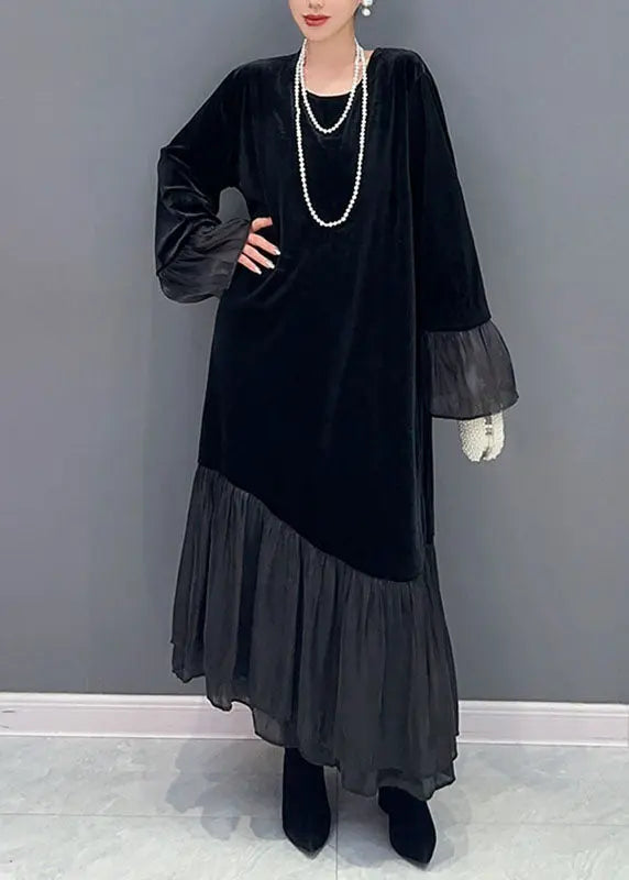 Elegant Black Tulle Patchwork Silk Velour Maxi Dress Fall Ada Fashion