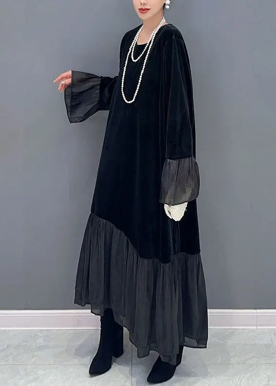 Elegant Black Tulle Patchwork Silk Velour Maxi Dress Fall Ada Fashion