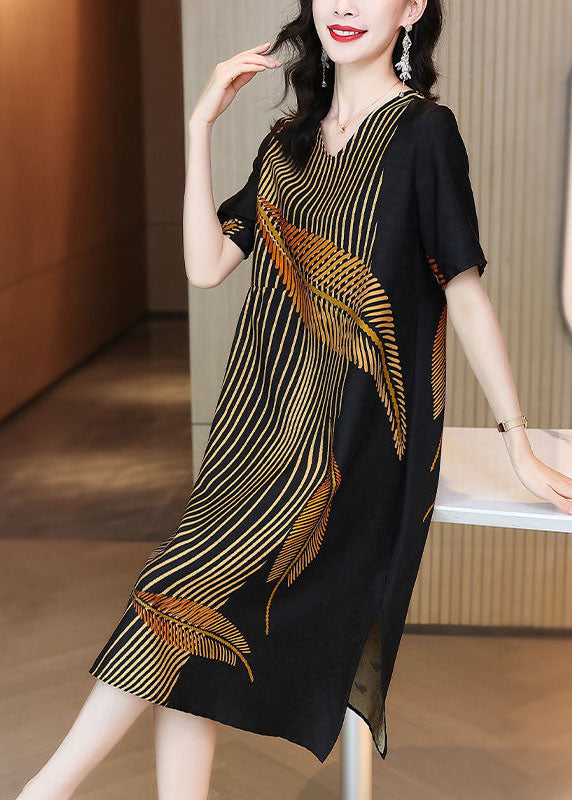 Elegant Black V Neck Leaf Print Side Open Silk Long Dress Summer TG1060 - fabuloryshop