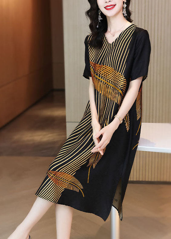 Elegant Black V Neck Leaf Print Side Open Silk Long Dress Summer TG1060 - fabuloryshop