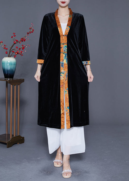 Elegant Black V Neck Patchwork Chinese Button Silk Velour Trench Coats Spring LY5407 - fabuloryshop