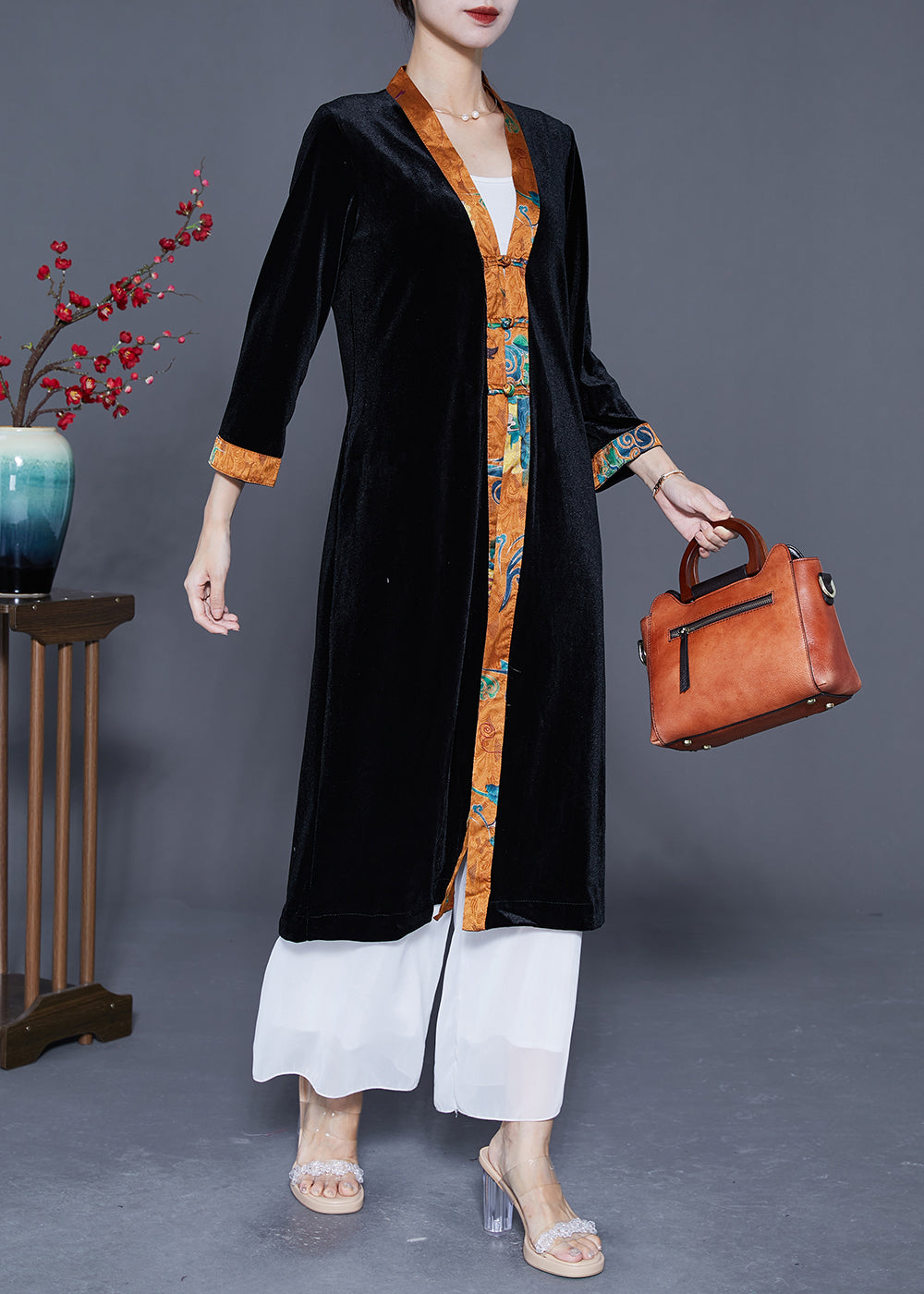 Elegant Black V Neck Patchwork Chinese Button Silk Velour Trench Coats Spring LY5407 - fabuloryshop