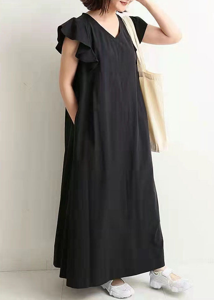 Elegant Black V Neck Patchwork Ruffled Cotton Maxi Dresses Summer LY2124 - fabuloryshop