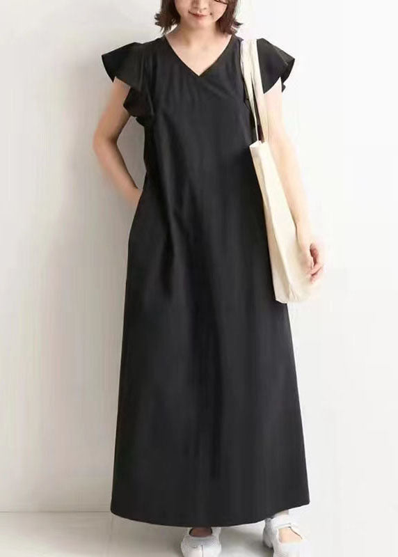 Elegant Black V Neck Patchwork Ruffled Cotton Maxi Dresses Summer LY2124 - fabuloryshop