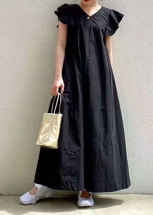 Elegant Black V Neck Patchwork Ruffled Cotton Maxi Dresses Summer LY2124 - fabuloryshop