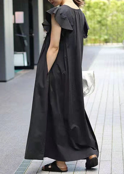 Elegant Black V Neck Patchwork Ruffled Cotton Maxi Dresses Summer LY2124 - fabuloryshop