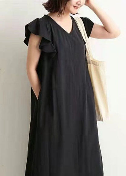 Elegant Black V Neck Patchwork Ruffled Cotton Maxi Dresses Summer LY2124 - fabuloryshop