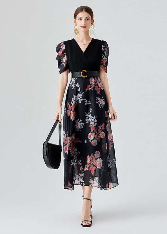 Elegant Black V Neck Print Sashes Patchwork Chiffon Long Dresses Puff Sleeve LY7443 - fabuloryshop