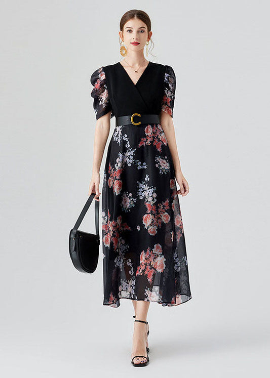 Elegant Black V Neck Print Sashes Patchwork Chiffon Long Dresses Puff Sleeve LY7443 - fabuloryshop