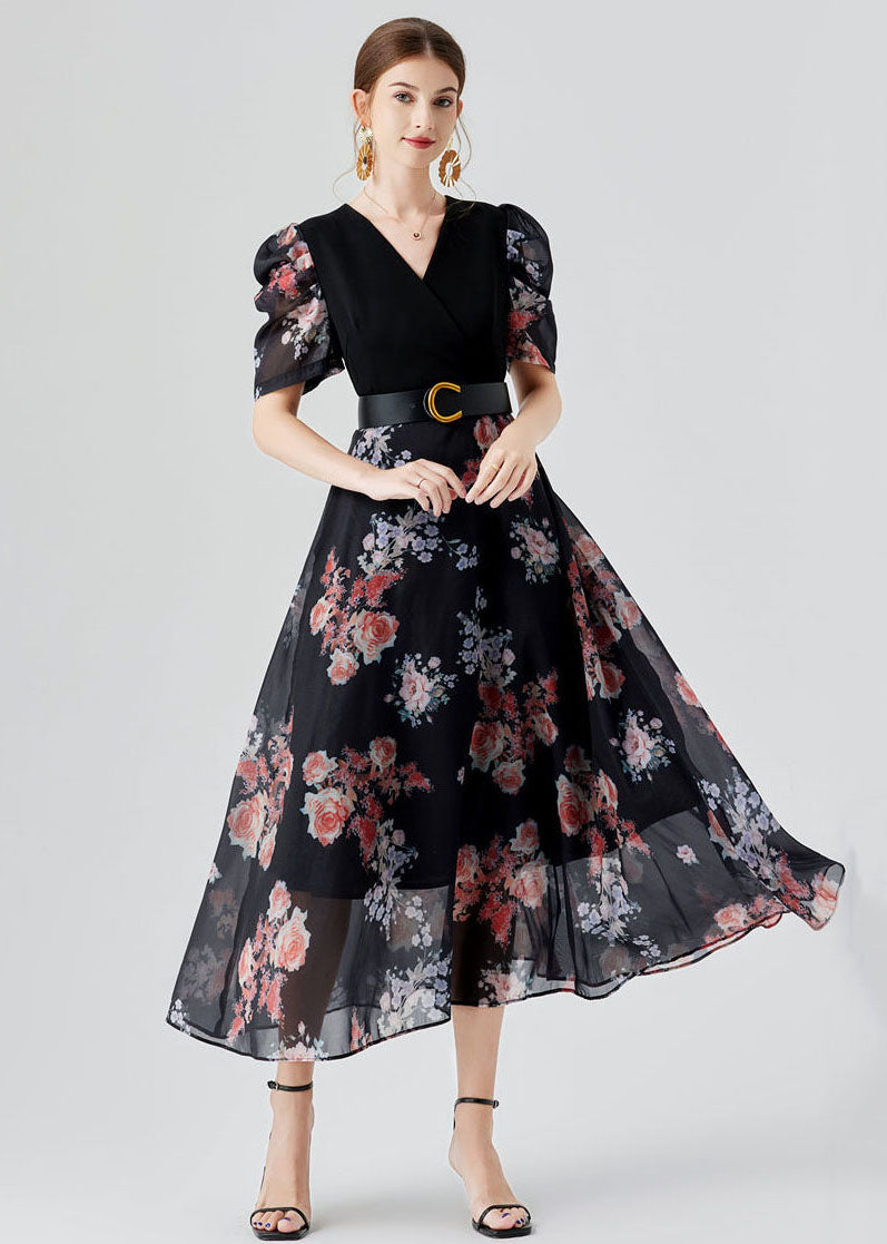 Elegant Black V Neck Print Sashes Patchwork Chiffon Long Dresses Puff Sleeve LY7443 - fabuloryshop