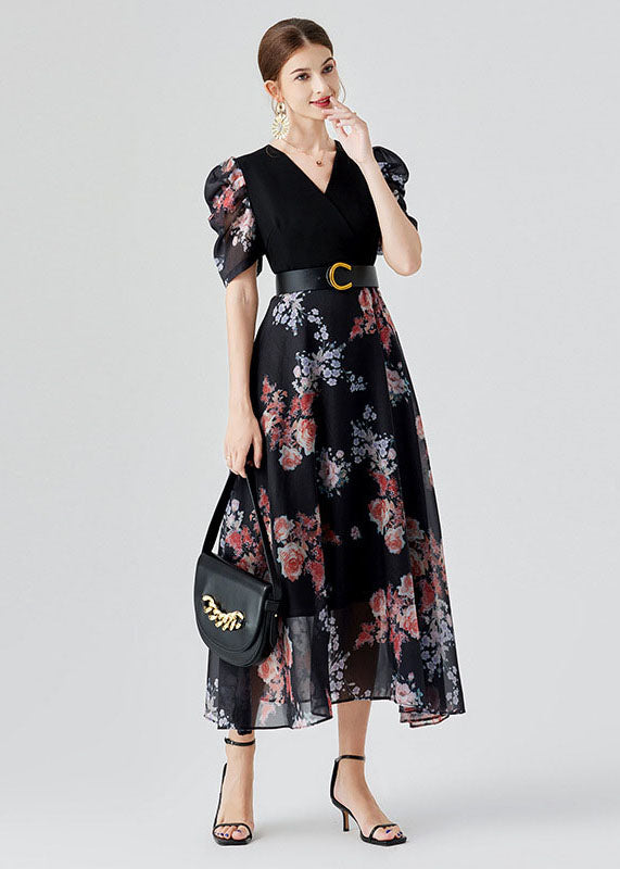 Elegant Black V Neck Print Sashes Patchwork Chiffon Long Dresses Puff Sleeve LY7443 - fabuloryshop