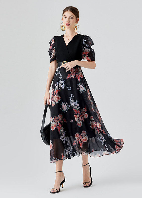 Elegant Black V Neck Print Sashes Patchwork Chiffon Long Dresses Puff Sleeve LY7443 - fabuloryshop