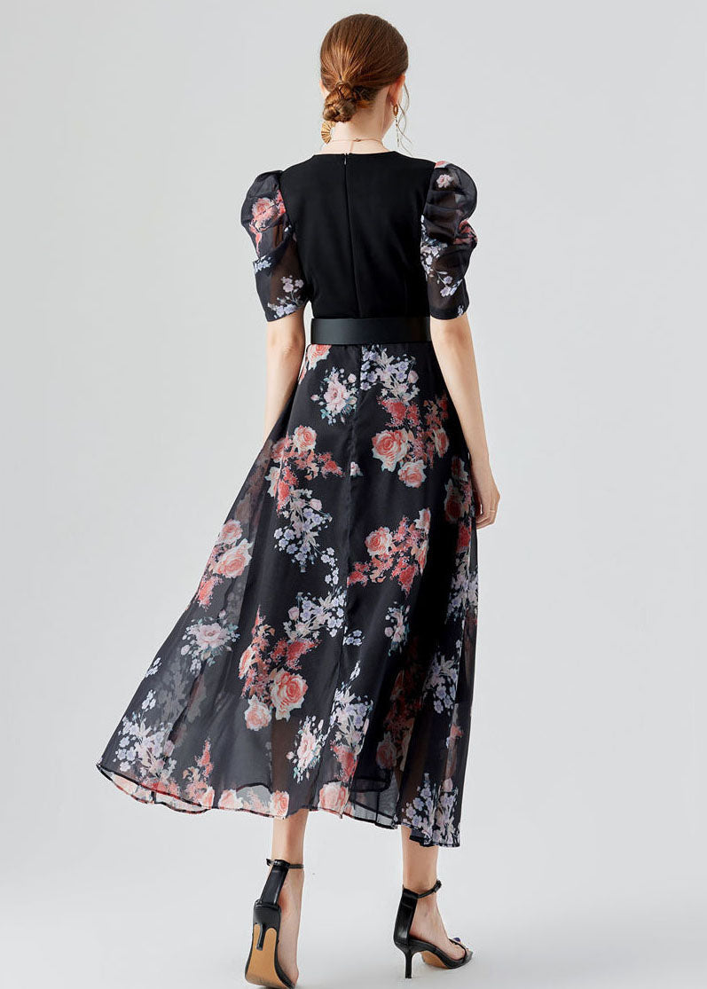 Elegant Black V Neck Print Sashes Patchwork Chiffon Long Dresses Puff Sleeve LY7443 - fabuloryshop