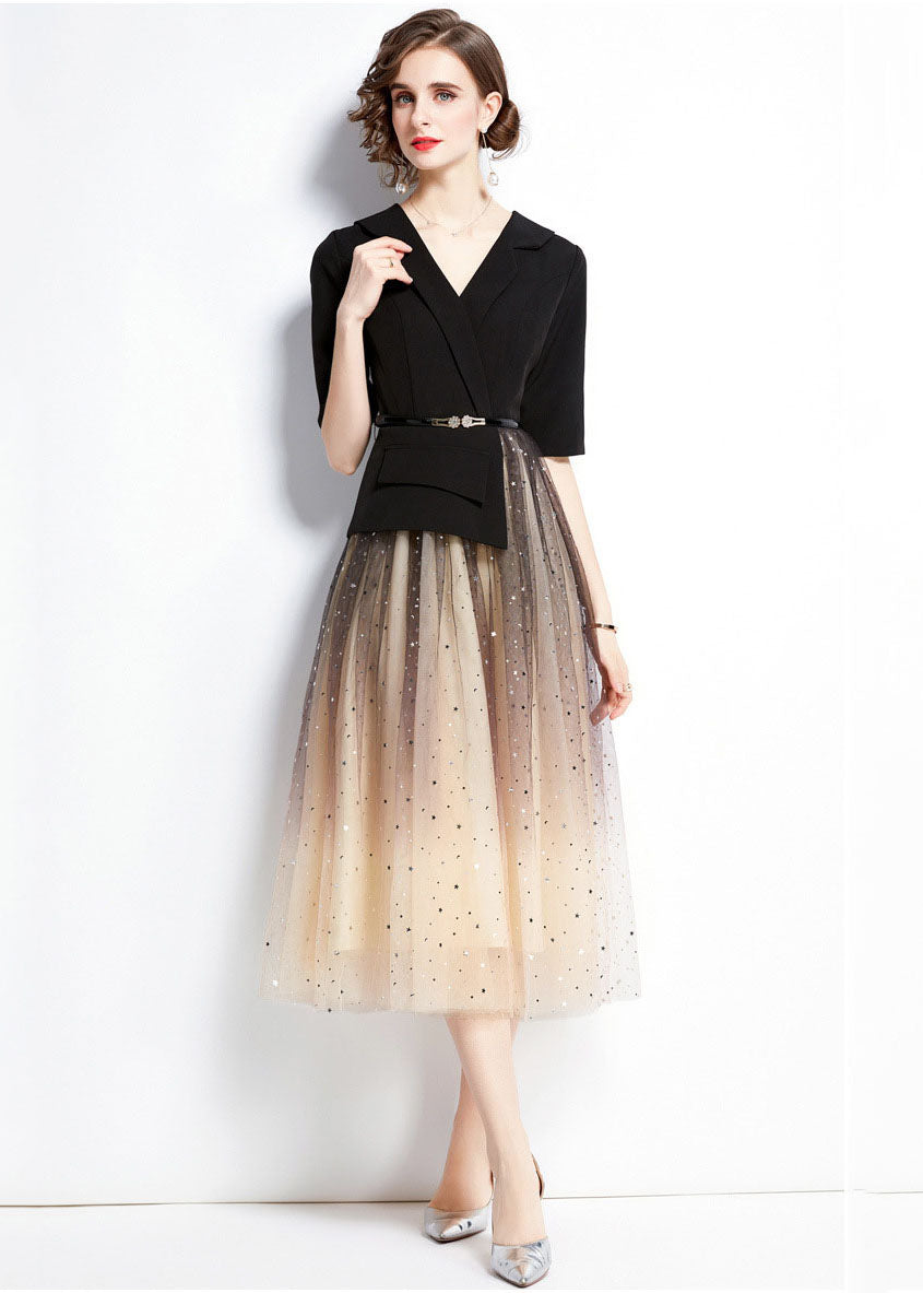 Elegant Black V Neck Sequins Tulle Patchwork Spandex Dresses Summer Ada Fashion