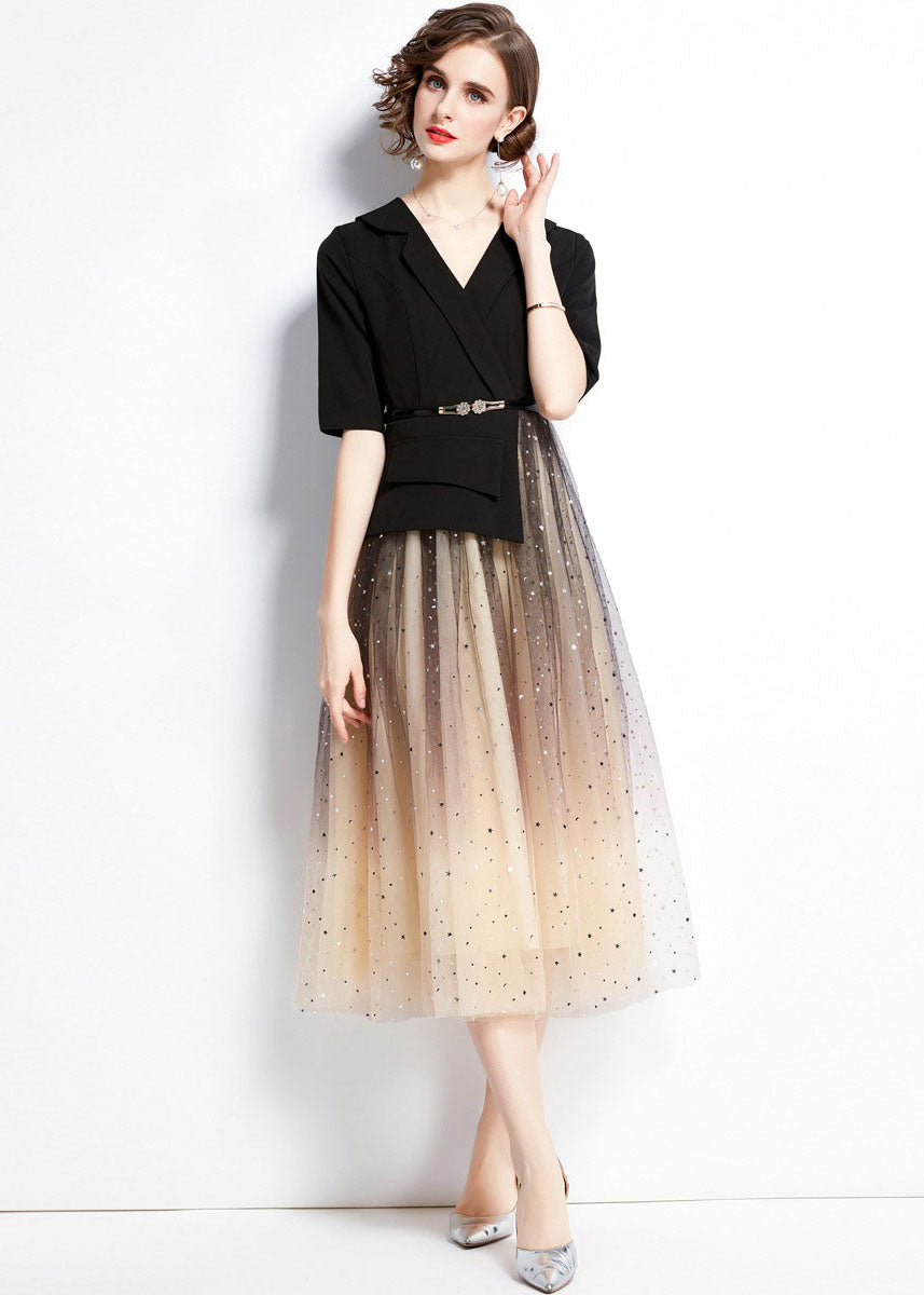 Elegant Black V Neck Sequins Tulle Patchwork Spandex Dresses Summer Ada Fashion