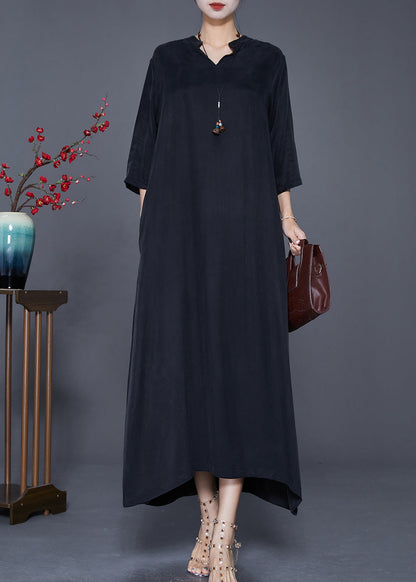 Elegant Black V Neck Side Open Silk Dresses Bracelet Sleeve LY7708 Ada Fashion