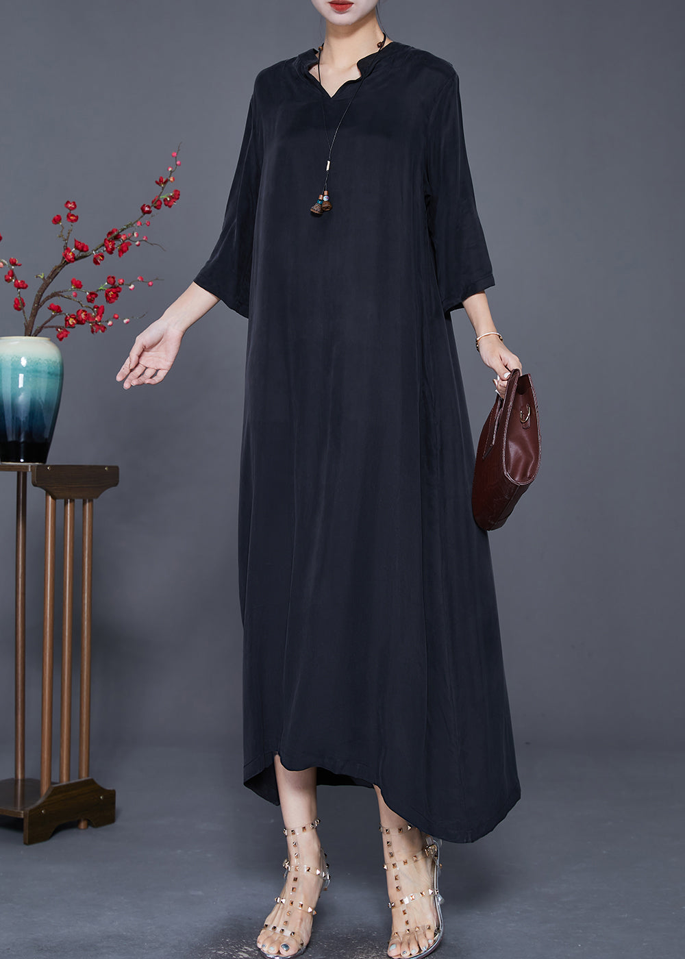 Elegant Black V Neck Side Open Silk Dresses Bracelet Sleeve LY7708 Ada Fashion