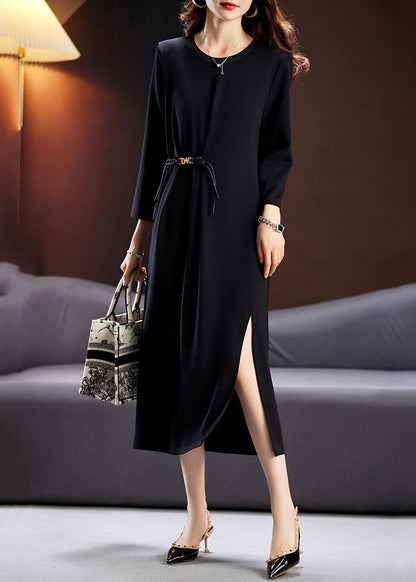 Elegant Black Wrinkled Tunic Maxi Dresses Long Sleeve Ada Fashion