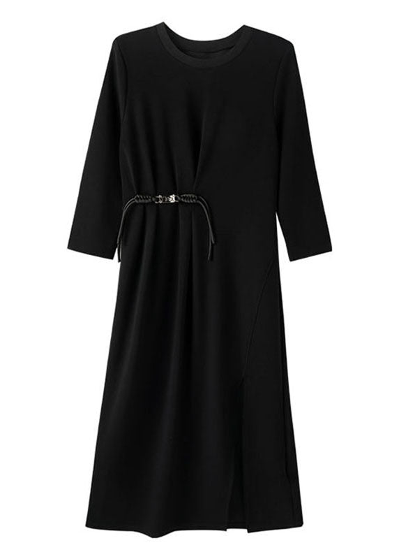 Elegant Black Wrinkled Tunic Maxi Dresses Long Sleeve Ada Fashion