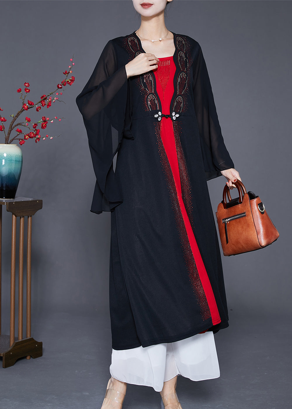 Elegant Black Zircon Patchwork Chiffon Fake Two Piece Dress Cloak Sleeves Ada Fashion