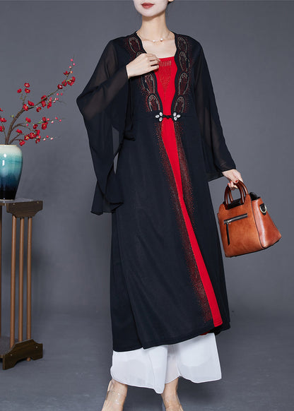 Elegant Black Zircon Patchwork Chiffon Fake Two Piece Dress Cloak Sleeves Ada Fashion