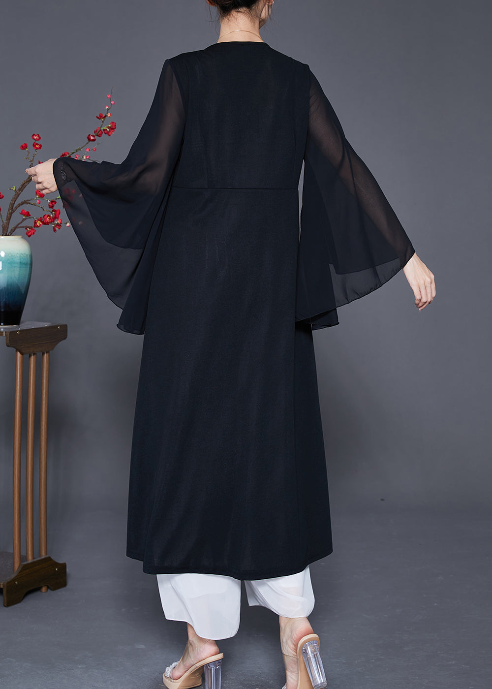 Elegant Black Zircon Patchwork Chiffon Fake Two Piece Dress Cloak Sleeves Ada Fashion