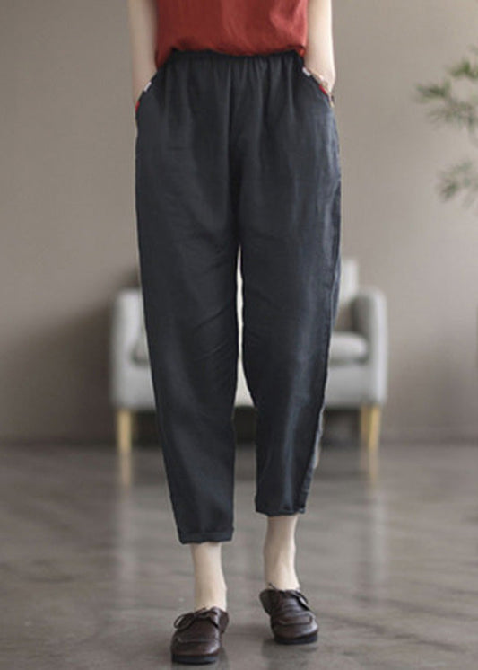 Elegant Black tPatchwork Elastic Waist Solid Linen Crop Pants LY6985 Ada Fashion