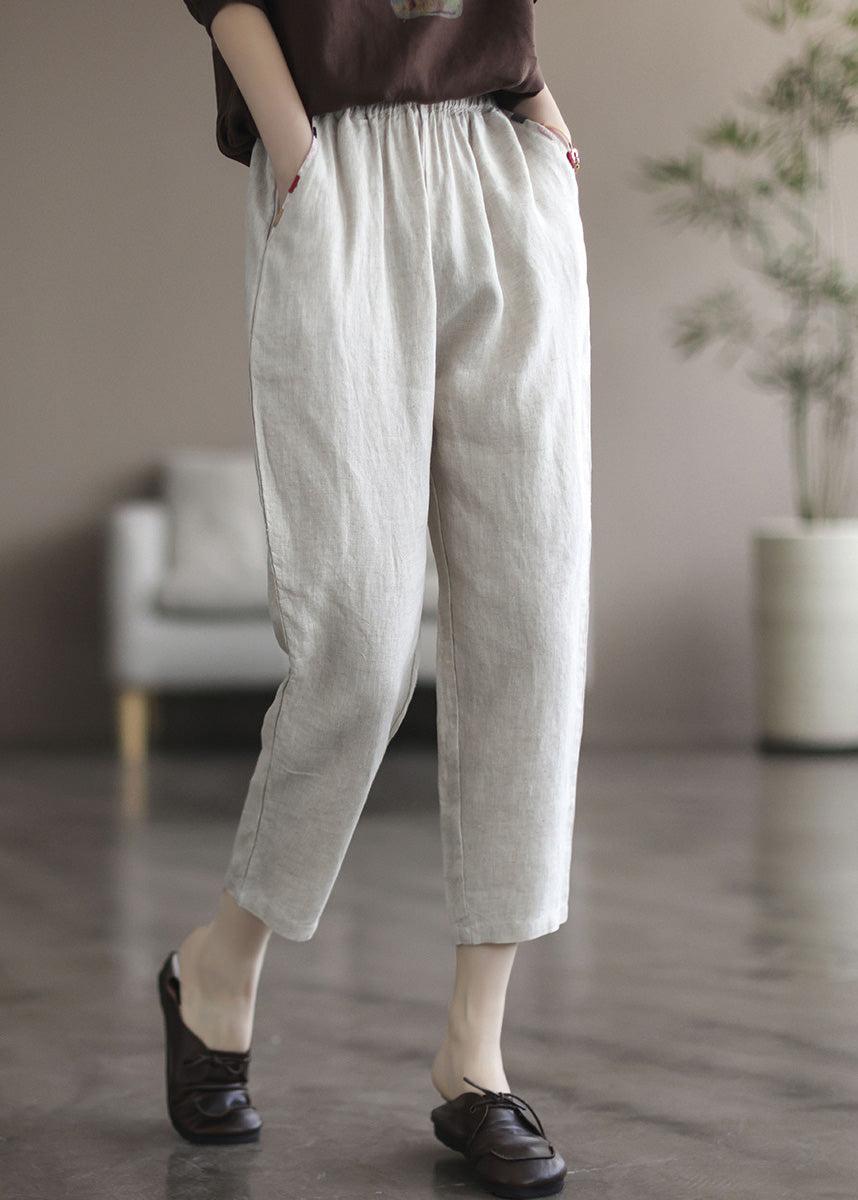 Elegant Black tPatchwork Elastic Waist Solid Linen Crop Pants LY6985 Ada Fashion