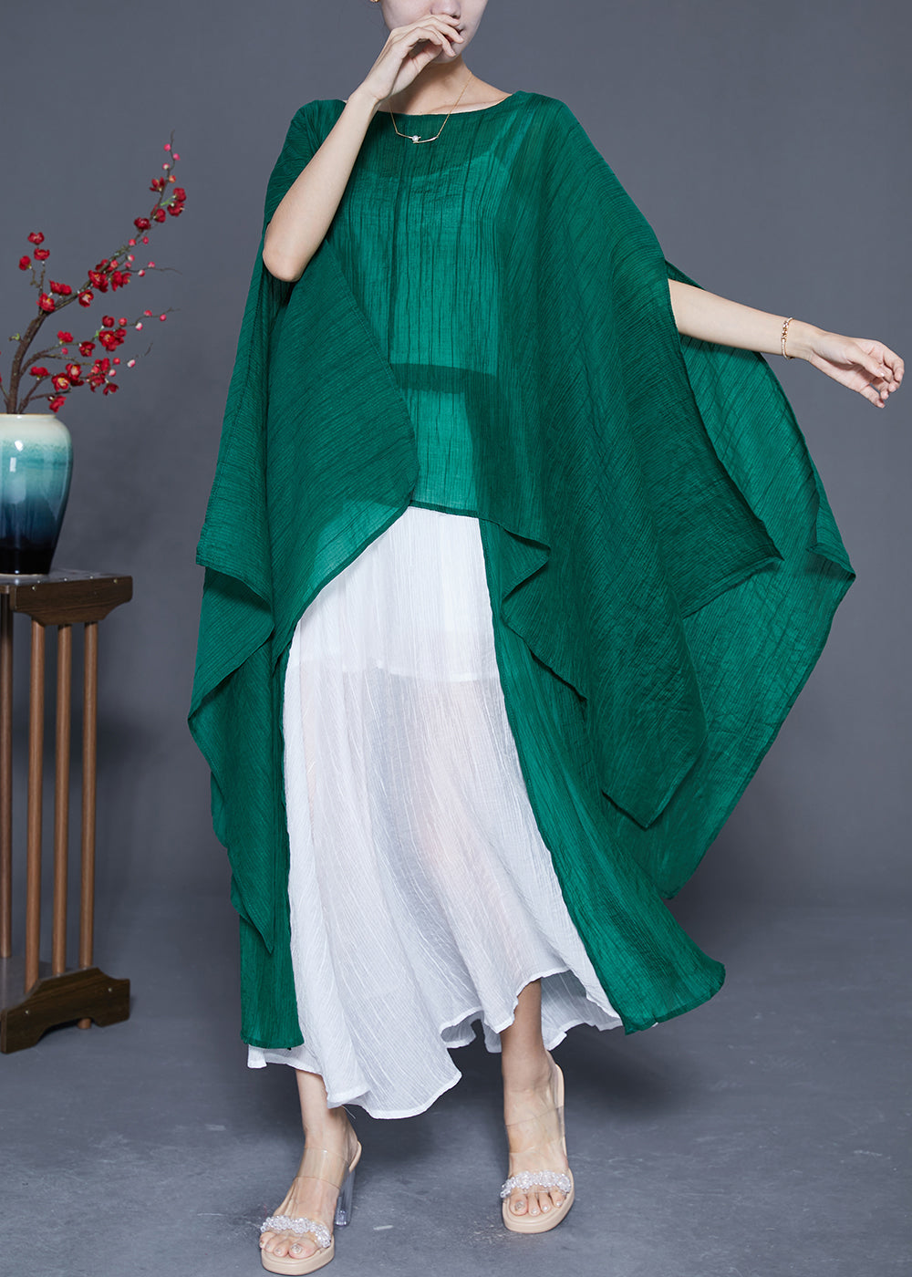 Elegant Blackish Green Oversized Asymmetrical Design Silk Two Pieces Set Summer LY4831 - fabuloryshop