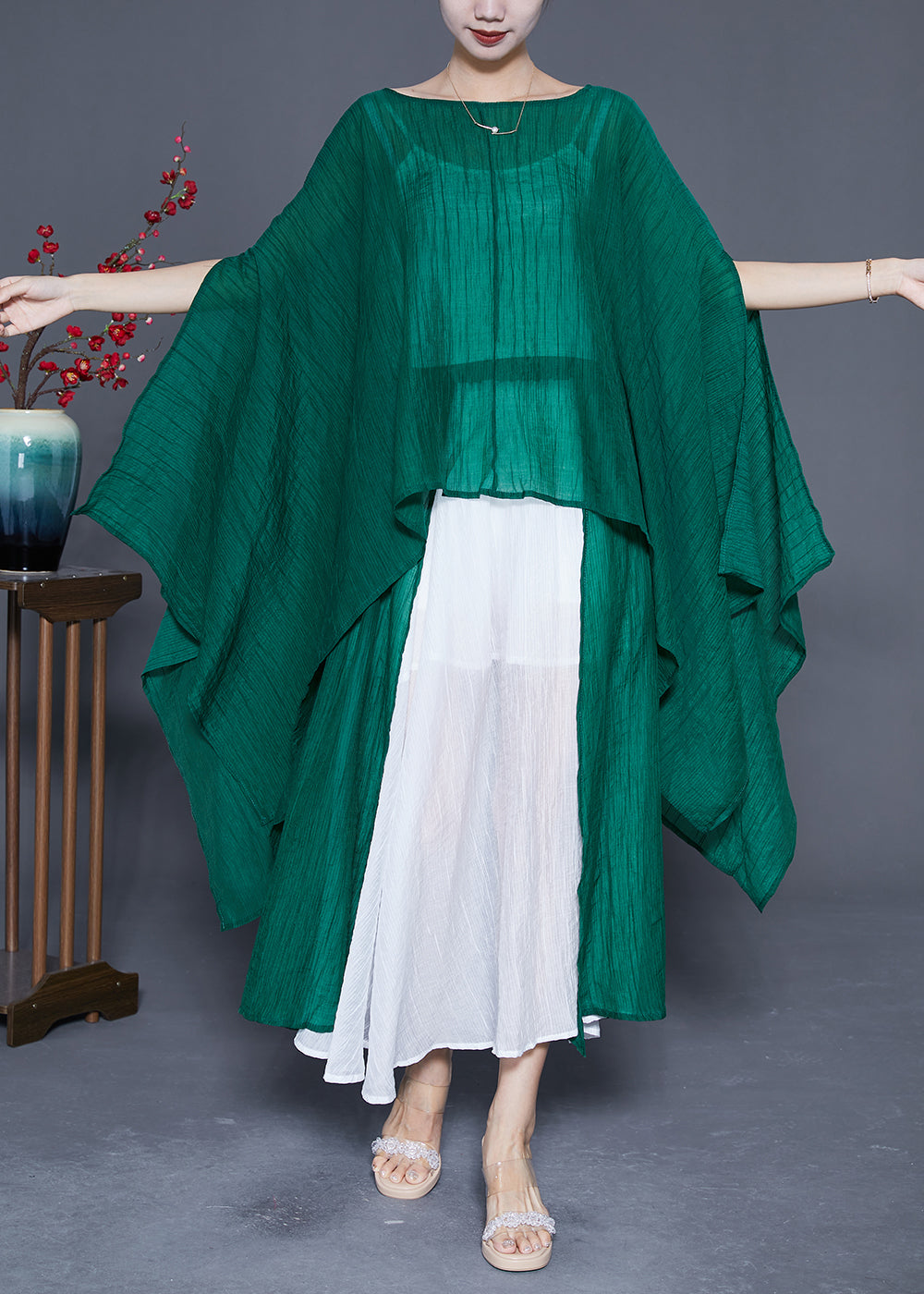 Elegant Blackish Green Oversized Asymmetrical Design Silk Two Pieces Set Summer LY4831 - fabuloryshop