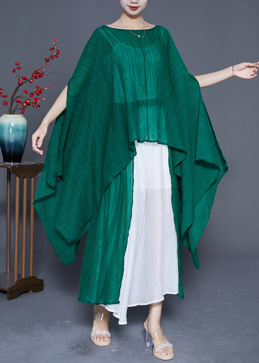 Elegant Blackish Green Oversized Asymmetrical Design Silk Two Pieces Set Summer LY4831 - fabuloryshop