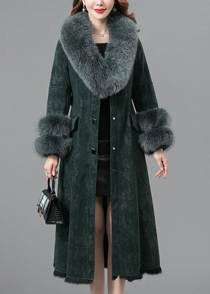 Elegant Blackish Green Slim Fit Faux Rabbit Leather And Fur Coats Winter Ada Fashion