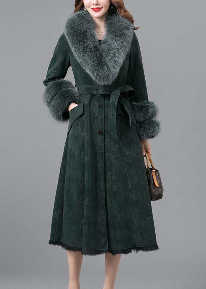 Elegant Blackish Green Slim Fit Faux Rabbit Leather And Fur Coats Winter Ada Fashion