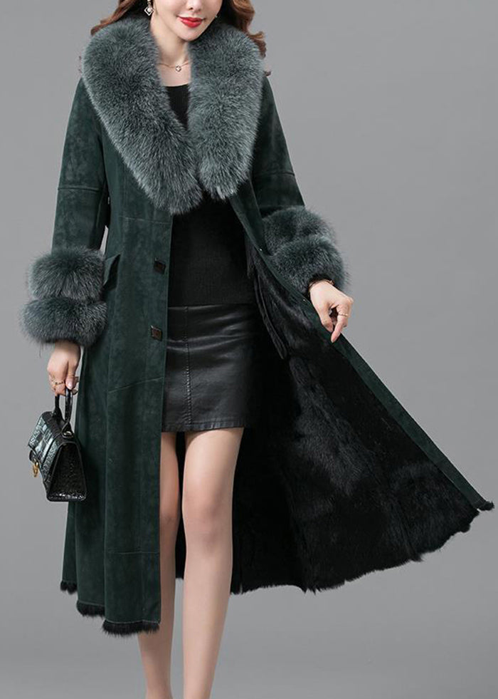 Elegant Blackish Green Slim Fit Faux Rabbit Leather And Fur Coats Winter Ada Fashion