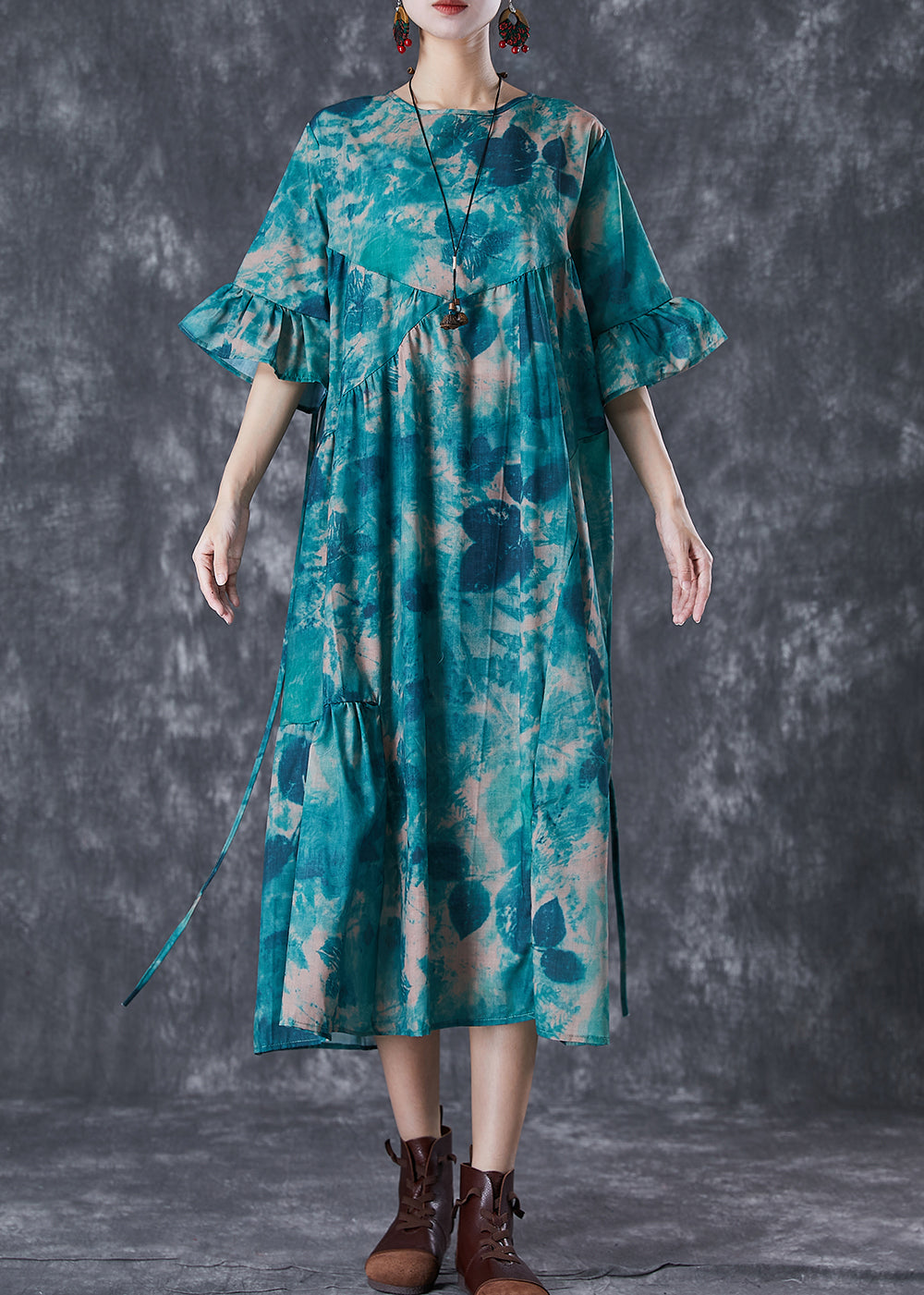 Elegant Blackish Green Tie Dye Wrinkled Cotton Dress Summer LY7034 - fabuloryshop