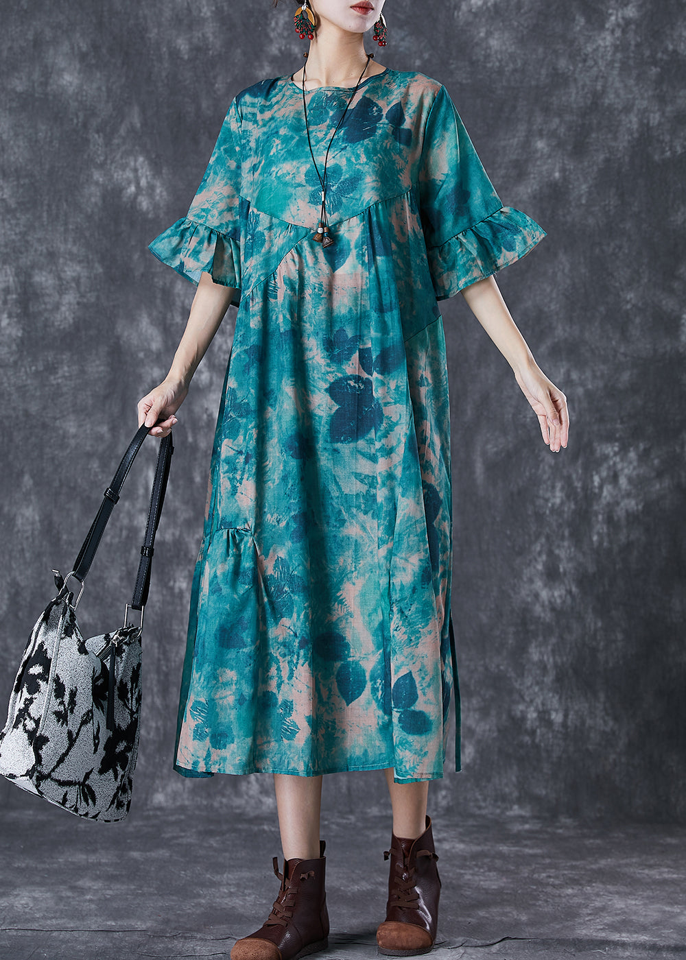 Elegant Blackish Green Tie Dye Wrinkled Cotton Dress Summer LY7034 - fabuloryshop