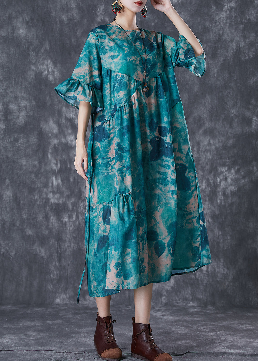 Elegant Blackish Green Tie Dye Wrinkled Cotton Dress Summer LY7034 - fabuloryshop