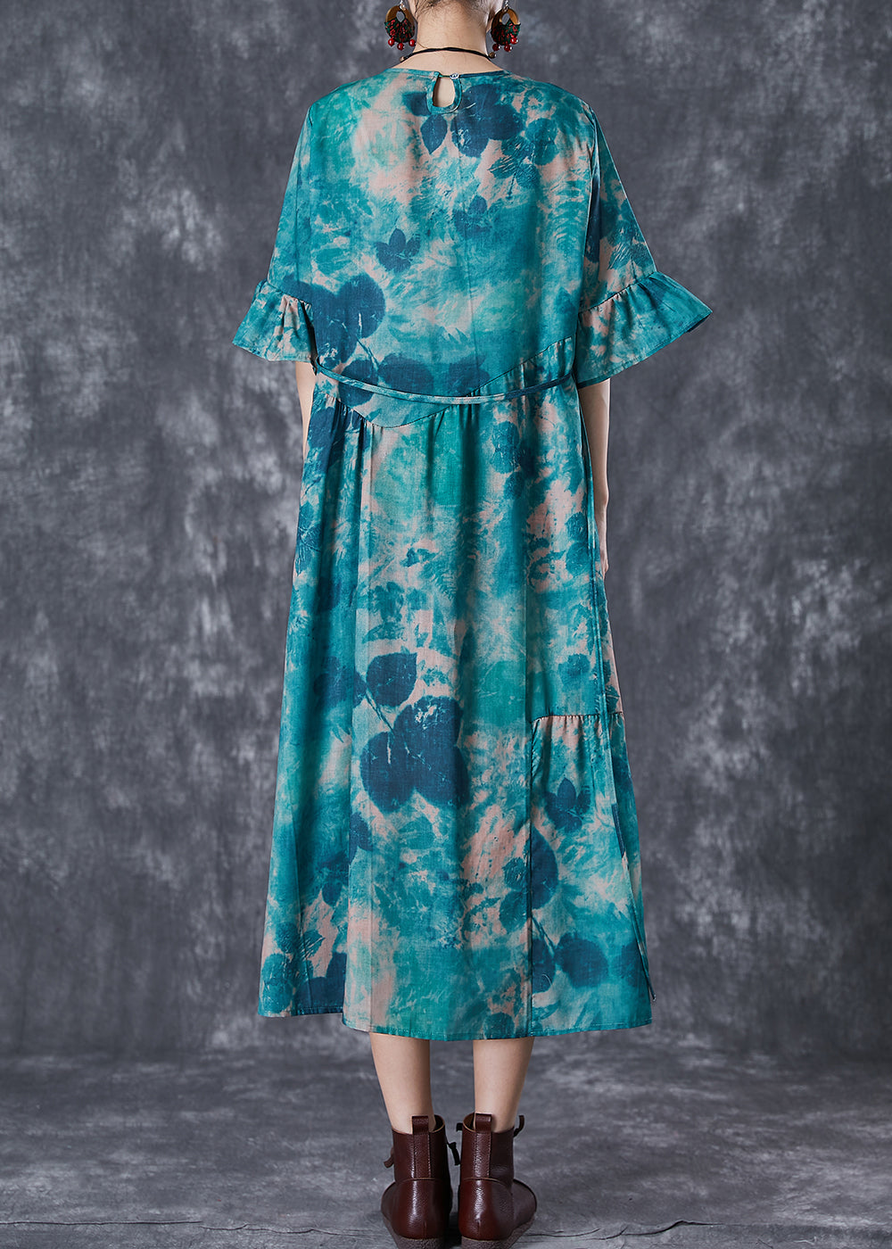 Elegant Blackish Green Tie Dye Wrinkled Cotton Dress Summer LY7034 - fabuloryshop
