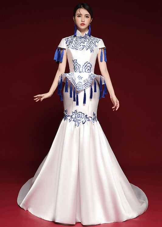 Elegant Blue And White Porcelain Tassel Embroidered Long Dress Short Sleeves Ada Fashion