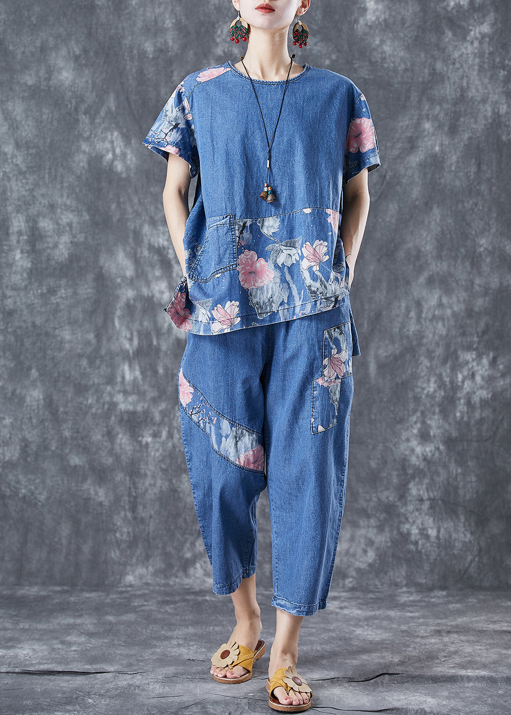 Elegant Blue Asymmetrical Patchwork Print Denim Two-Piece Set Spring LY5693 - fabuloryshop