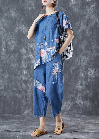 Elegant Blue Asymmetrical Patchwork Print Denim Two-Piece Set Spring LY5693 - fabuloryshop