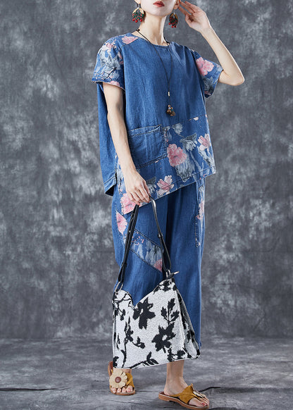 Elegant Blue Asymmetrical Patchwork Print Denim Two-Piece Set Spring LY5693 - fabuloryshop