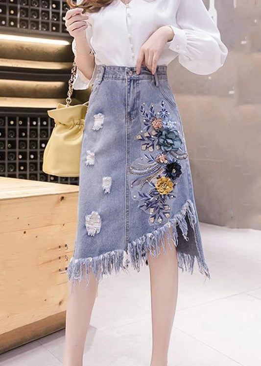 Elegant Blue Asymmetrical Patchwork Tassel Hole Denim Skirts Summer TY1077 - fabuloryshop